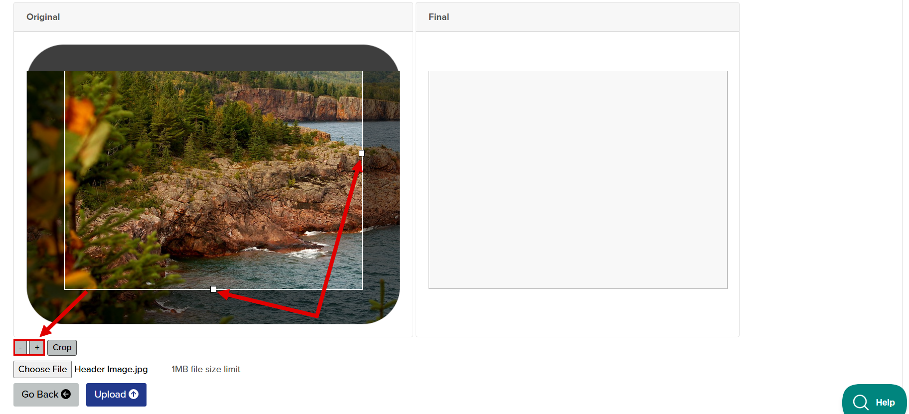 Callout illustrates the location of the minus and plus buttons that can be used to adjust the image.