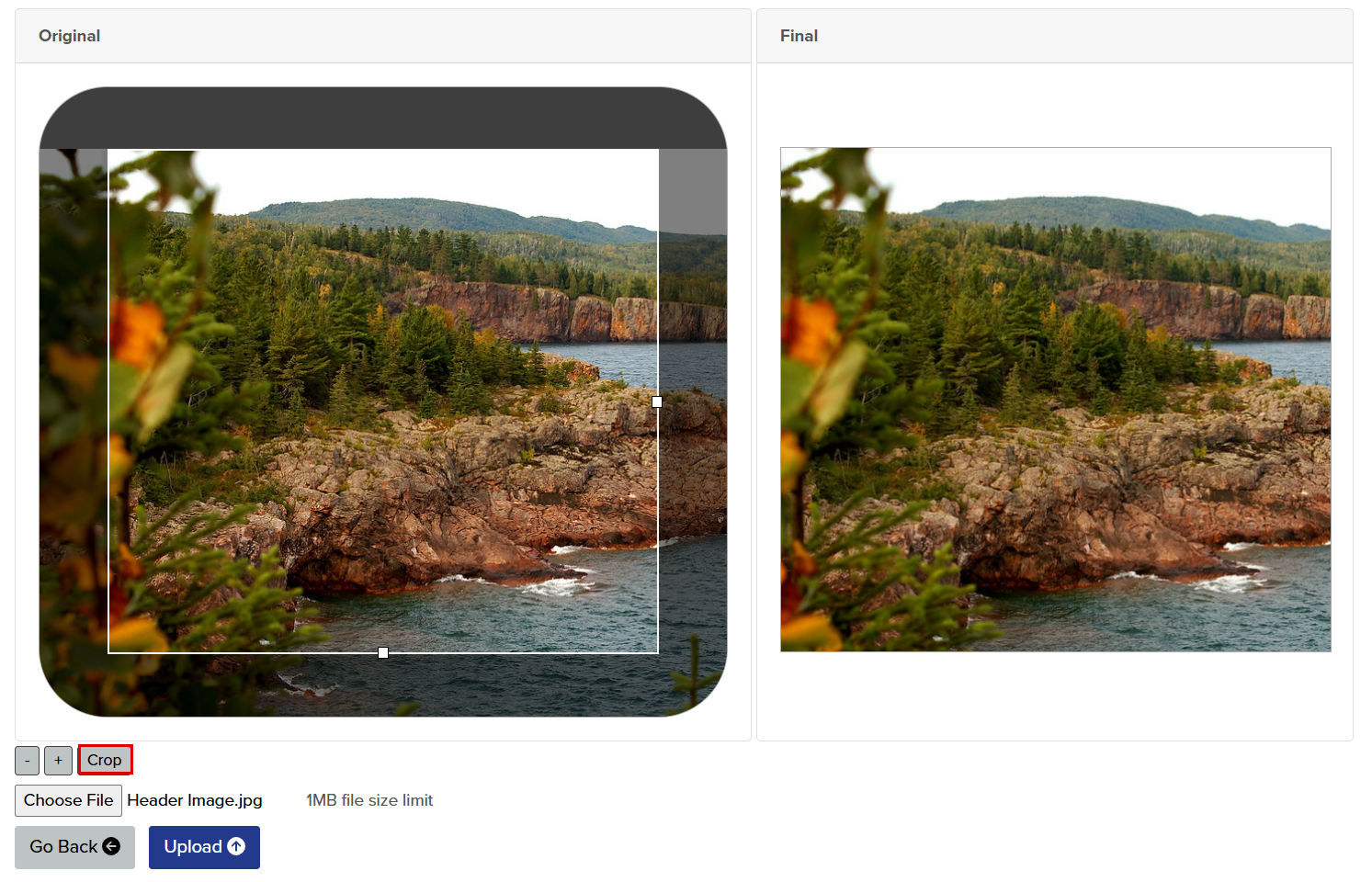 The Header image appears under both Original and Final. The crop button is highlighted.