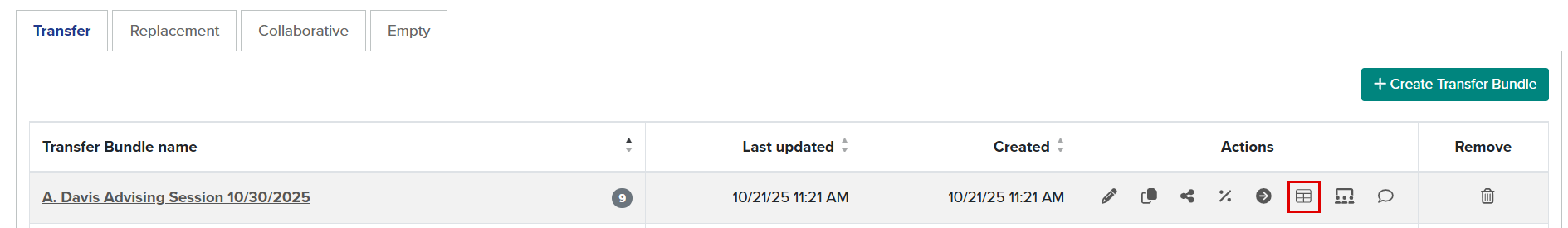 Callout illustrates location of export bundle button within a Course Bundle on the Transfer tab.