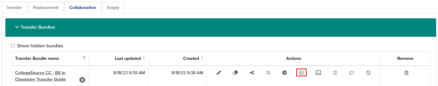 Callout illustrates location of export bundle button within a Collaborative Transfer Bundle.