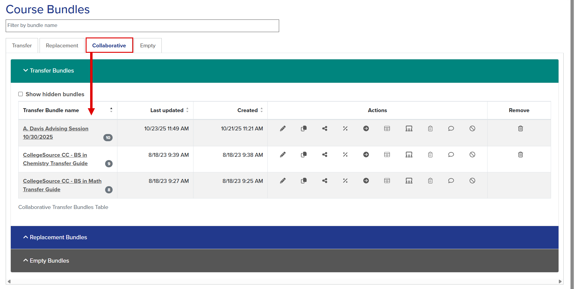 Screenshot shows three collaborative transfer bundles.