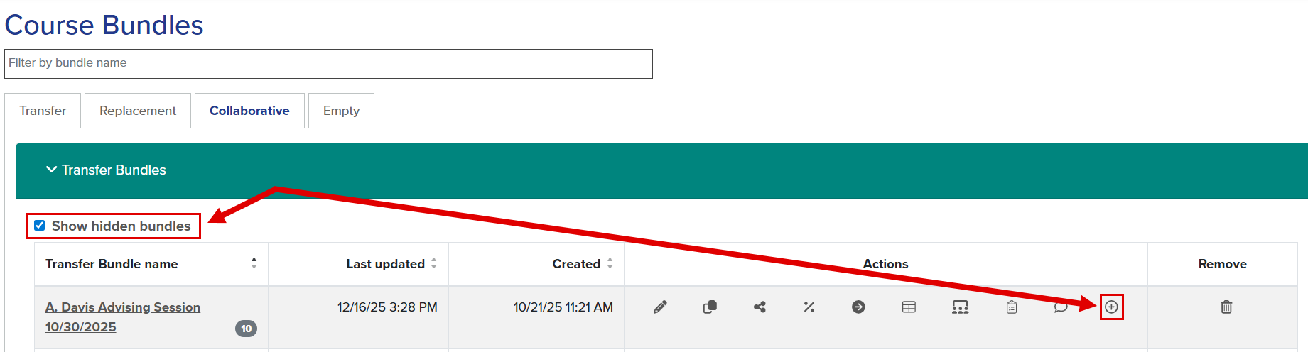 Callouts illustrate the location of the Show hidden bundles and show buttons.