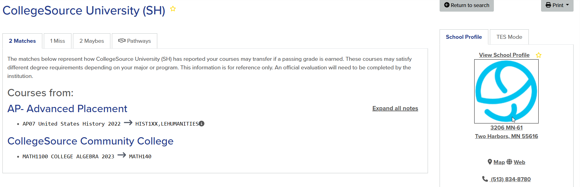 1 Match is displayed for AP 07 United States History at CollegeSource University SH. A match is also displayed for MATH1100 College Algebra from CollegeSource Community College.