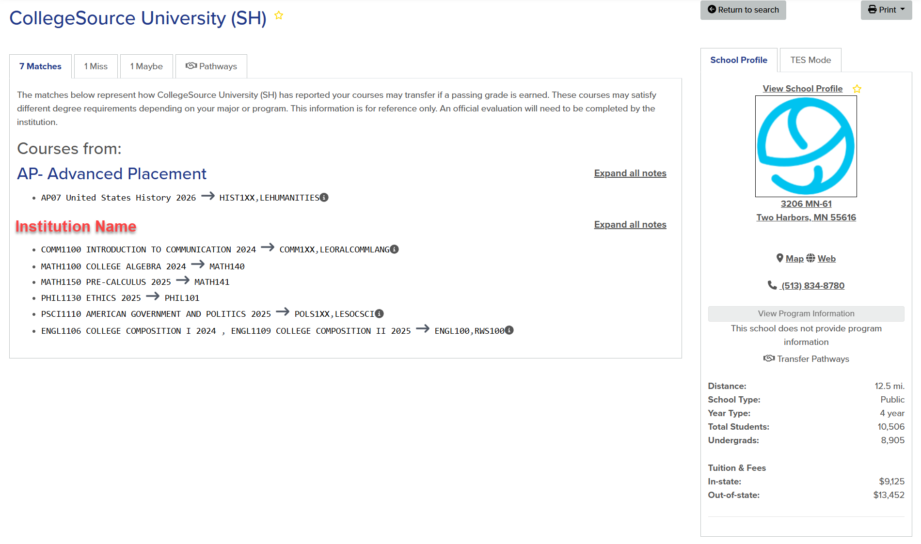 The Match results from CollegeSource University SH are displayed. On the Matches tab, equivalencies to 1 Advanced Placement exam and 6 courses are listed.