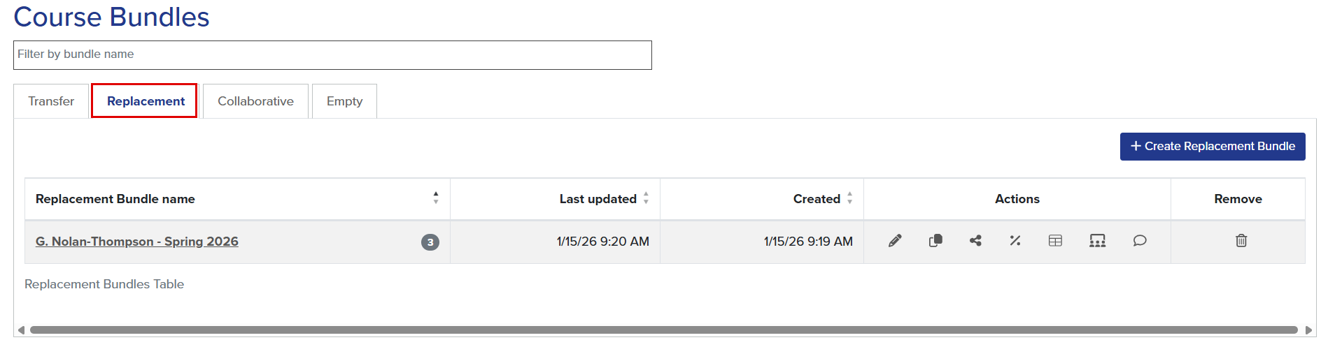 The callout illustrates the location of the Replacement tab. One replacement bundle is listed.