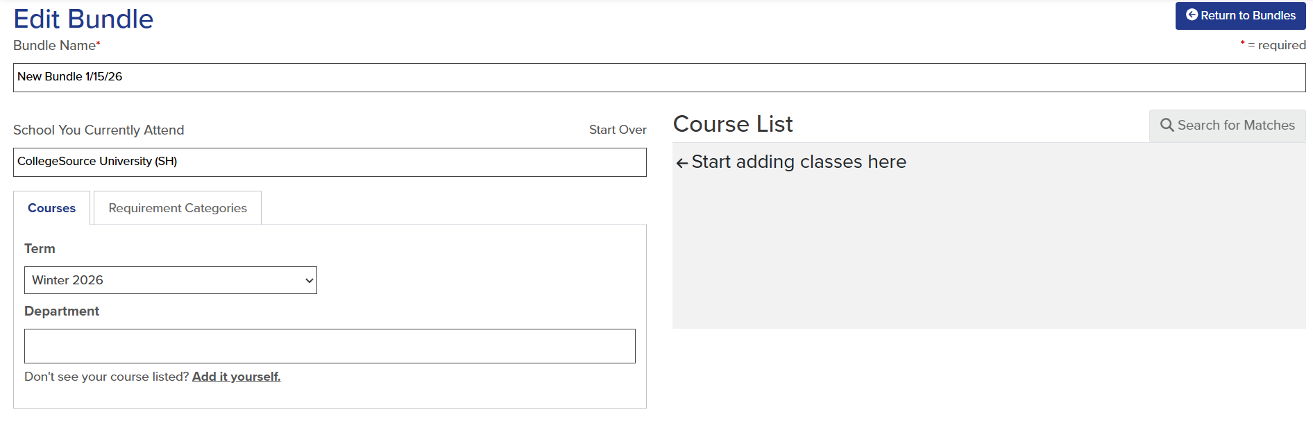 Screenshot of the Edit Bundle page. The Courses tab is automatically selected by default.