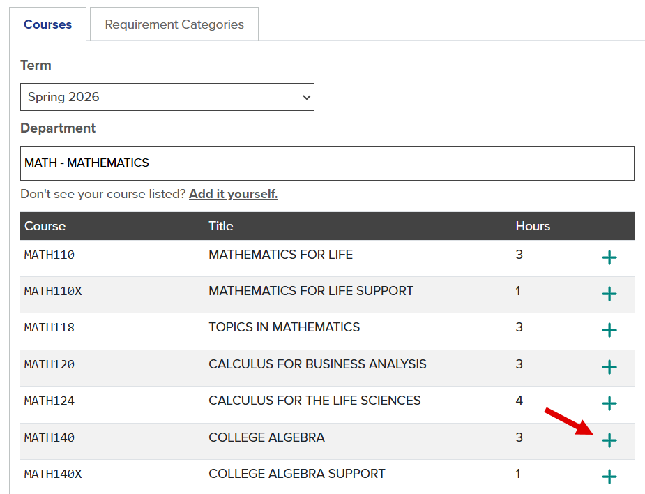The callout illustrates the location of the plus sign to the right of the course.