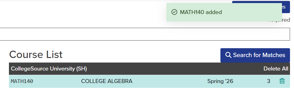 The pop-up notification indicates that MATH 140 has been added to the course list.