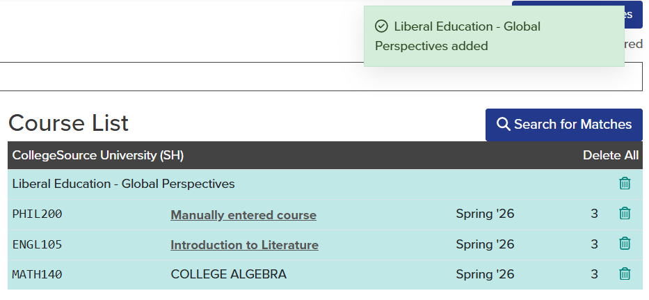 The pop-up notification indicates that Liberal Education - Global Perspectives has been added to the Course List.