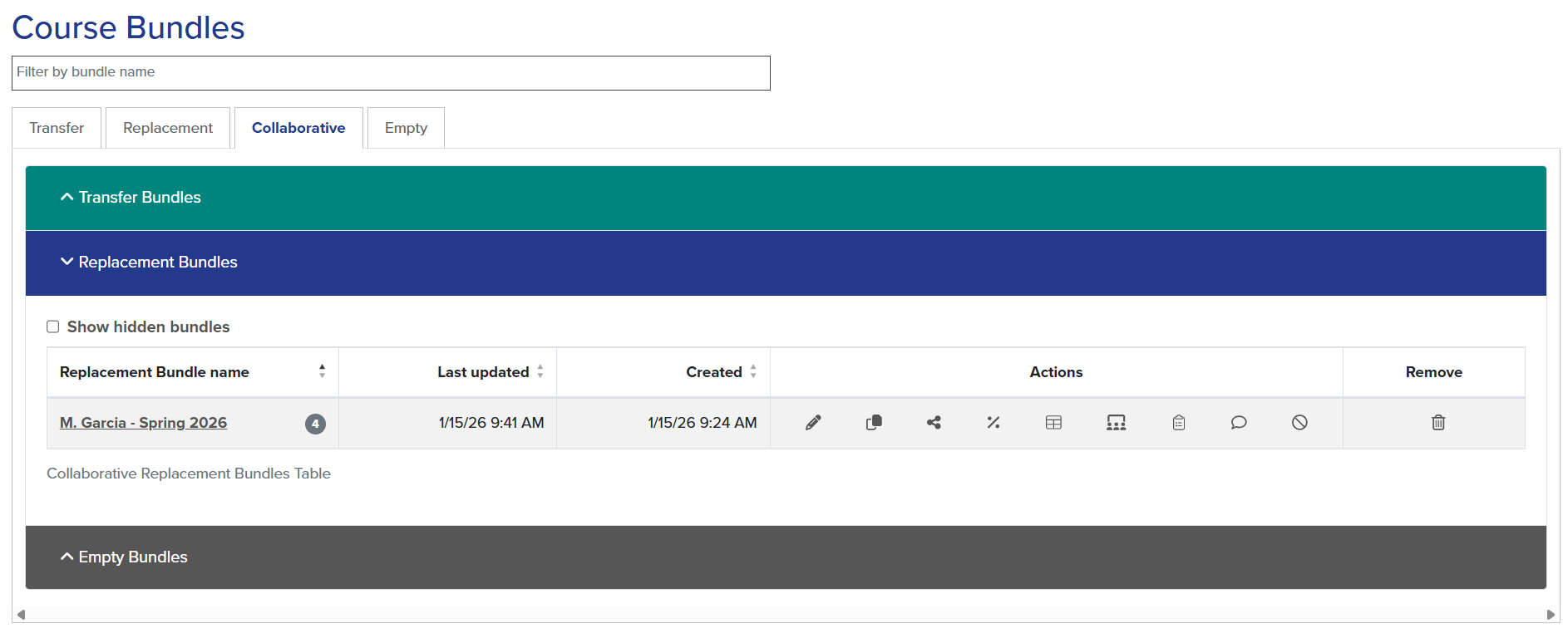 Image of Collaborative Bundles tab. One Replacement bundle displays.