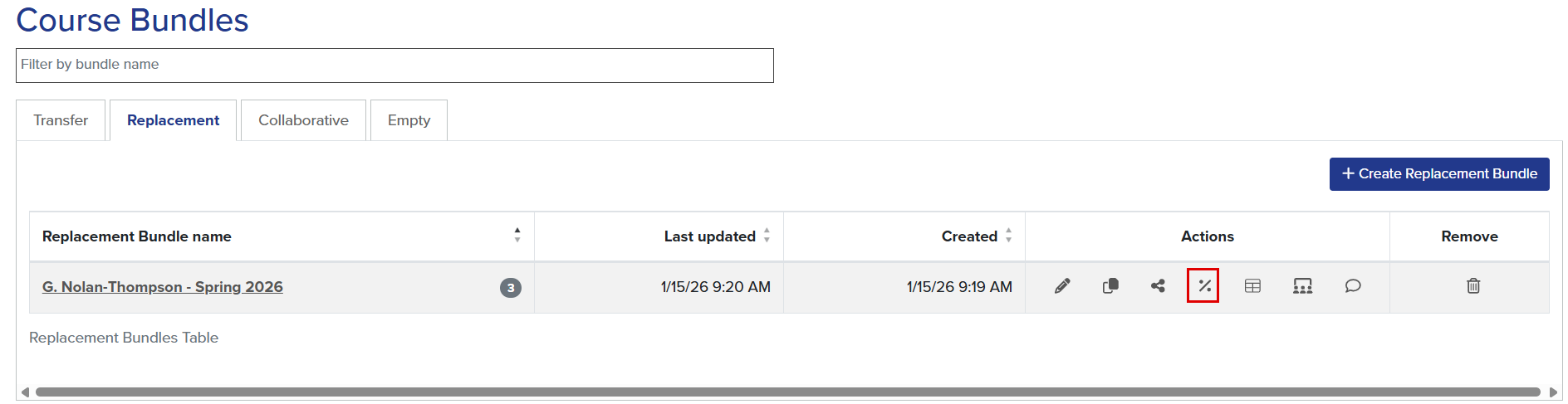 Callout illustrates location of view matches button within a Course Bundle on the Replacement tab.