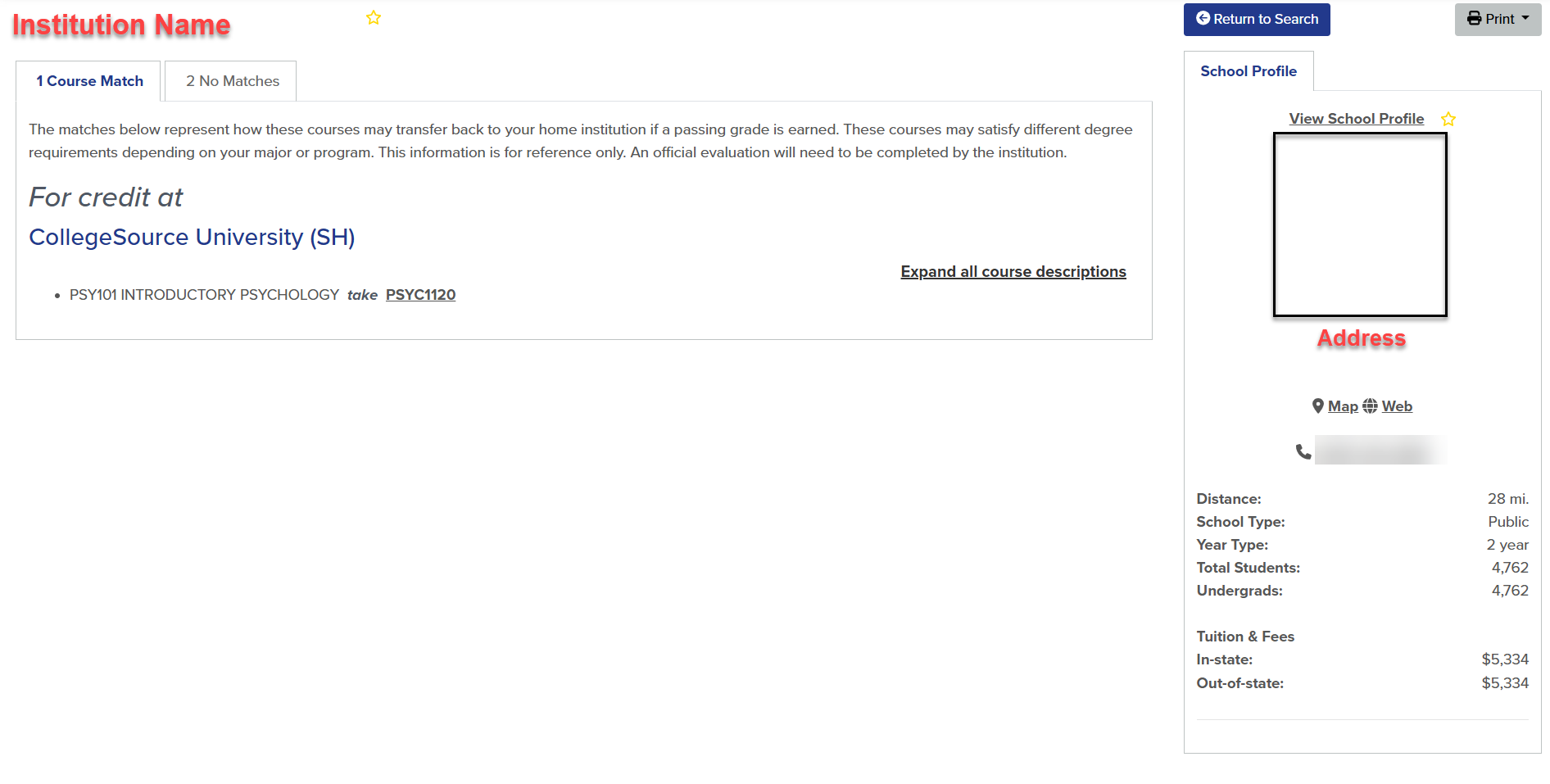 The Match results for credit at CollegeSource University SH are displayed. On the Course Matches tab, an equivalency to 1 course is listed.