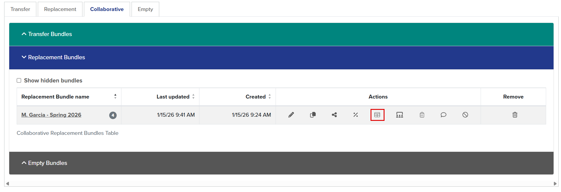 Callout illustrates location of export bundle button within a Collaborative Replacement Bundle.