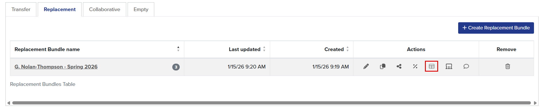Callout illustrates location of export bundle button within a Course Bundle on the Replacement tab.