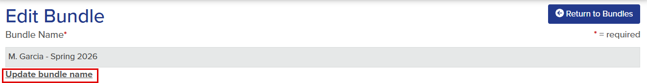 Callout illustrates the location of the Update bundle name button.