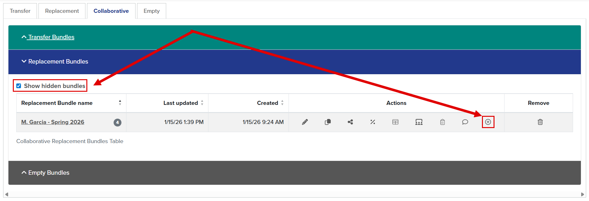 Callouts illustrate the location of the Show hidden bundles and show buttons.