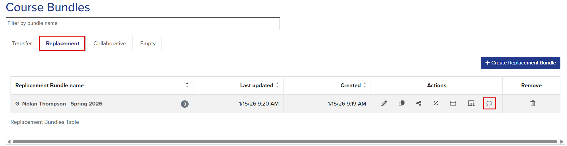 Replacement Course tab within Course Bundles. The callout highlights the location of the view edit comment button.