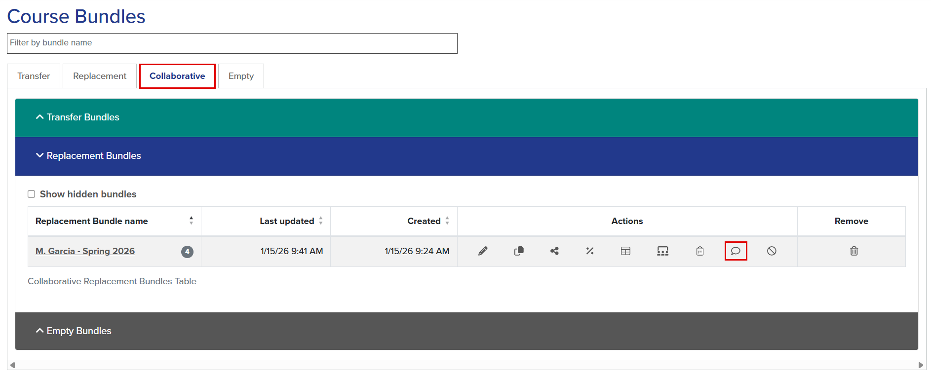 Replacement Bundles accordian within the Collaborative tab within Course Bundles. The callout highlights the location of the view edit comment button.