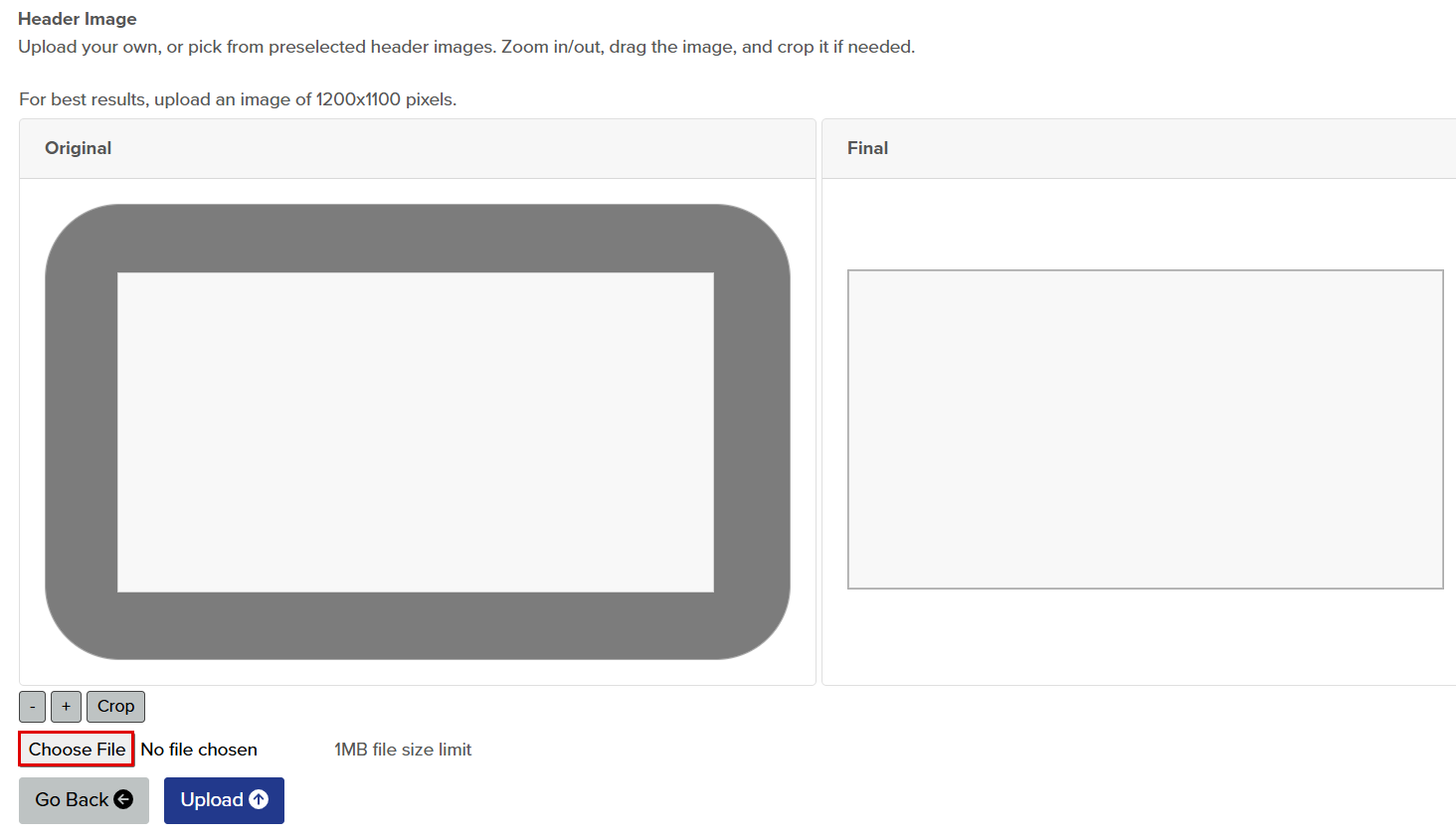 Image of functionality used to upload the header image.