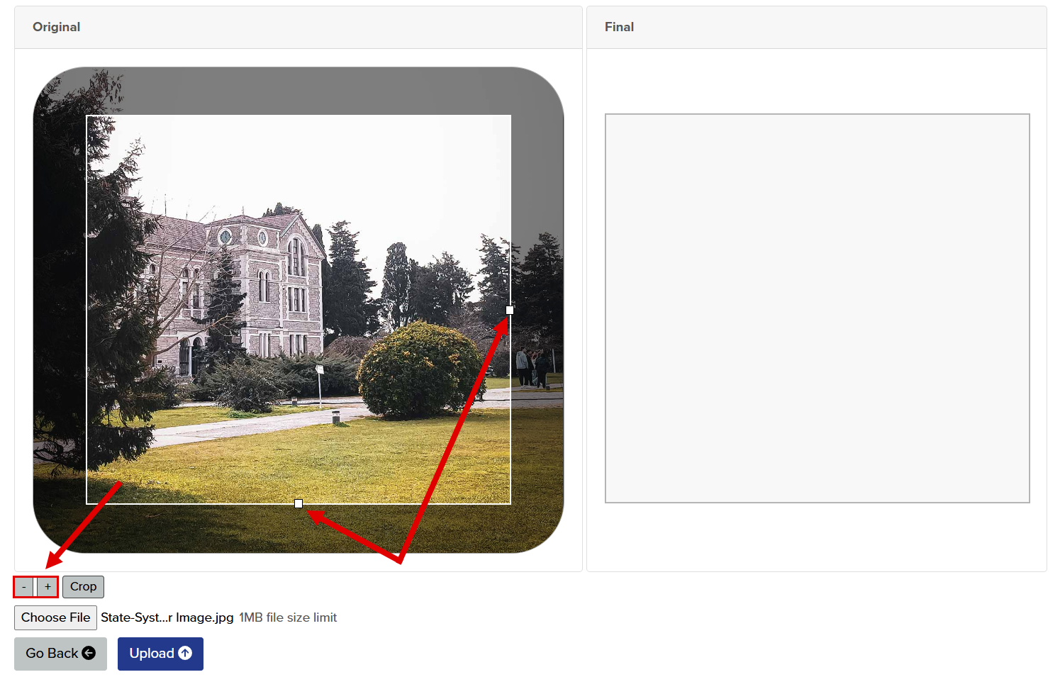 Callout illustrates the locations of the cropping tools can be used to adjust the image.