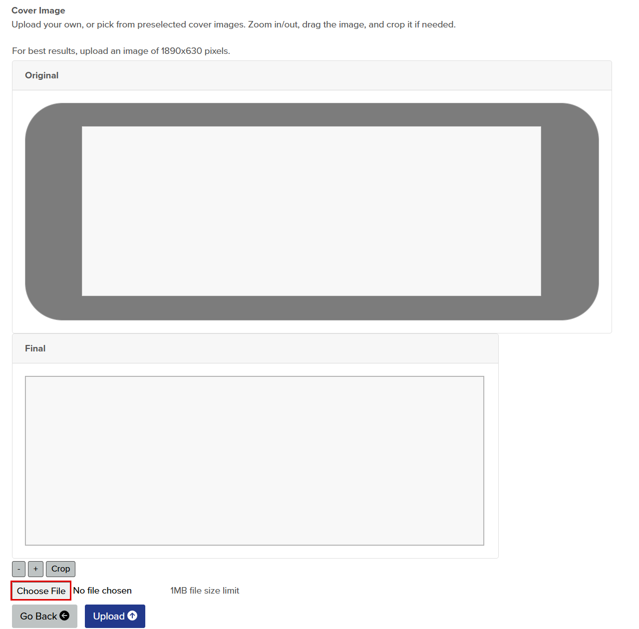 Image of functionality used to upload the cover image.
