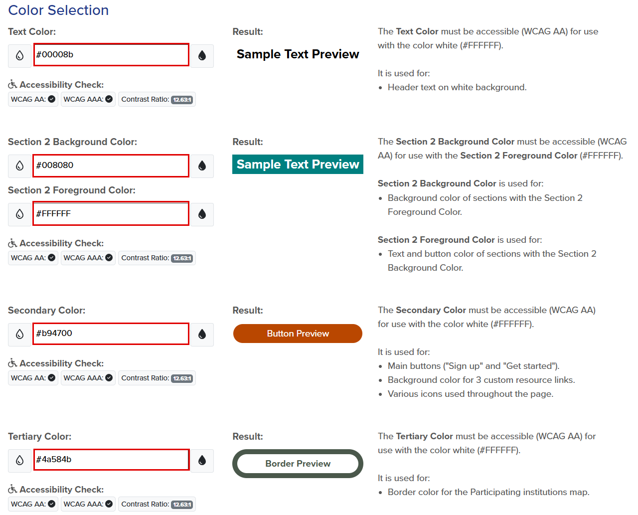 Text Color, Section 2 Background and Foreground Colors, Secondary Color, and Tertiary Color selections within the State System Template Editor, as described below.
