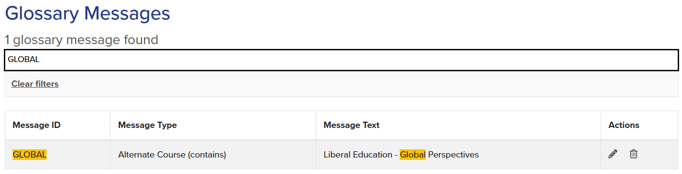 Screenshot of Glossary Message created using examples in chart.