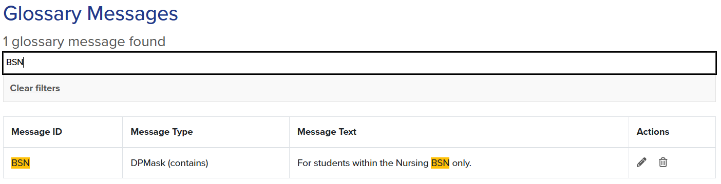 Screenshot of Glossary Message created using examples in chart.