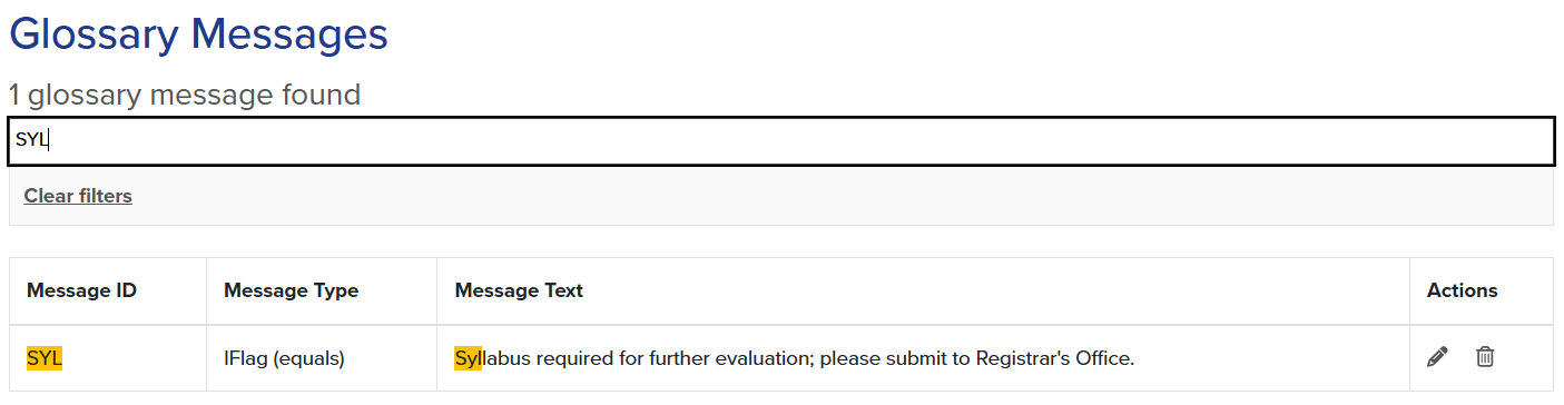 Screenshot of Glossary Message created using examples in chart.