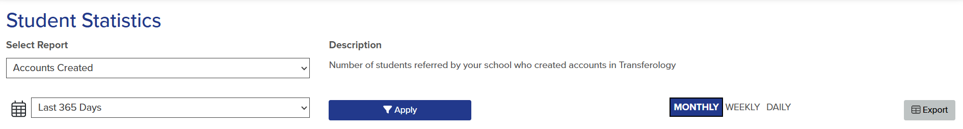 The image shows the filter dropdowns available on the View Student Statistics page. 