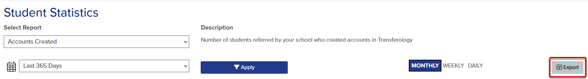 The image displays the Student Statistics filters, with a callout on the Export button.