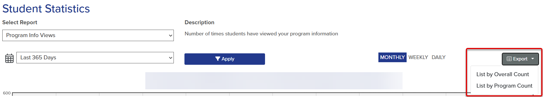 The image displays the Student Statistics filter area, with Export selected. Two options appear under the Export button - List by Overall Count, and List by Program Count.