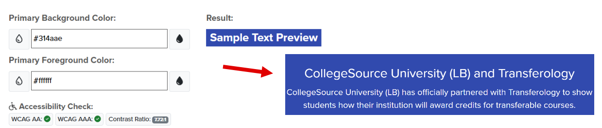 Example of area displaying section 2 background and foreground colors within the institution landing page.