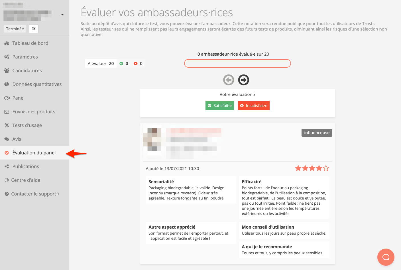 Page évaluer le panel