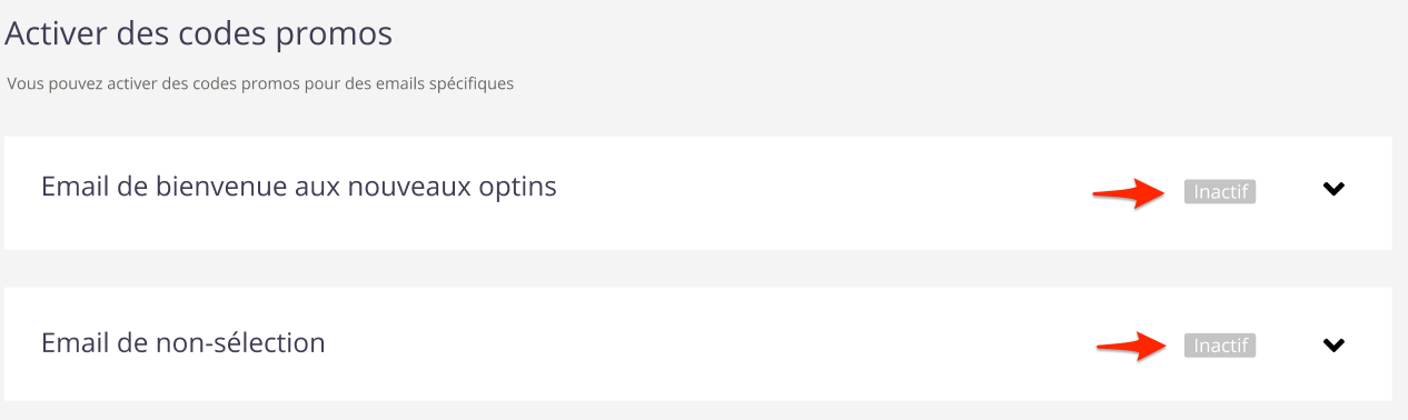Options des emails - tableau des codes promos