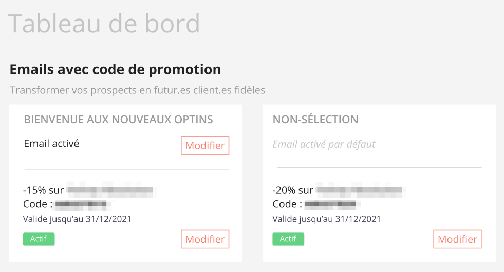 Tuile du tableau de bord avec le statut des codes