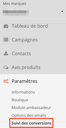 menu accès paramètres et suivi des conversions