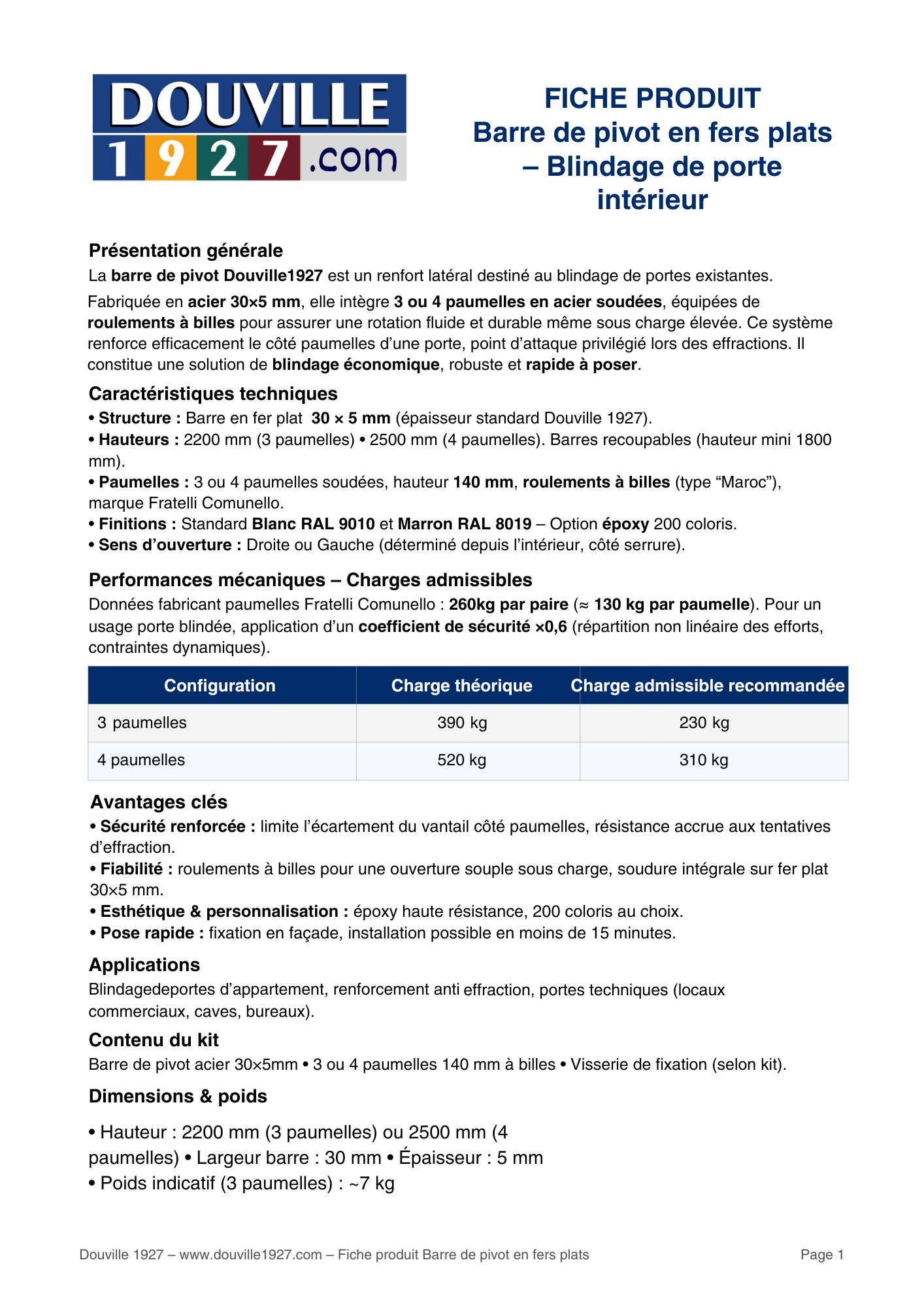 Fiche produit barre de pivot fers plats douville 1927 page 1