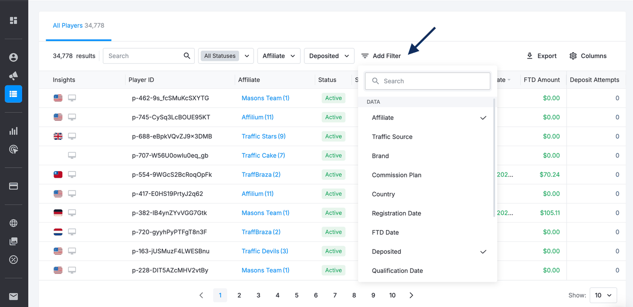 Add Filter panel showing available filters