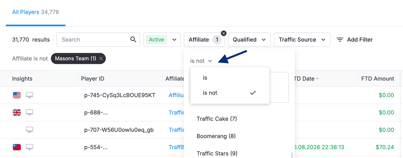 Affiliate filter switched from
