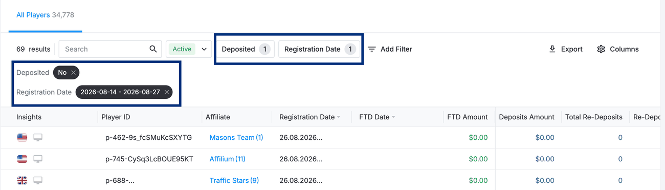 Players list filtered by Deposited = No and a recent Registration Date range