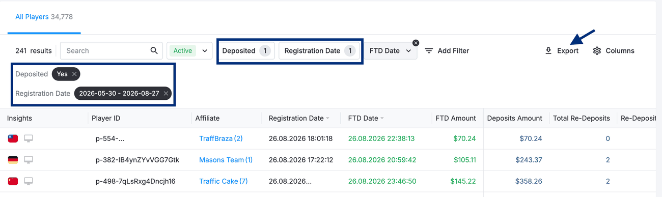 Players list filtered by Deposited = Yes and a Registration Date range, with Export highlighted