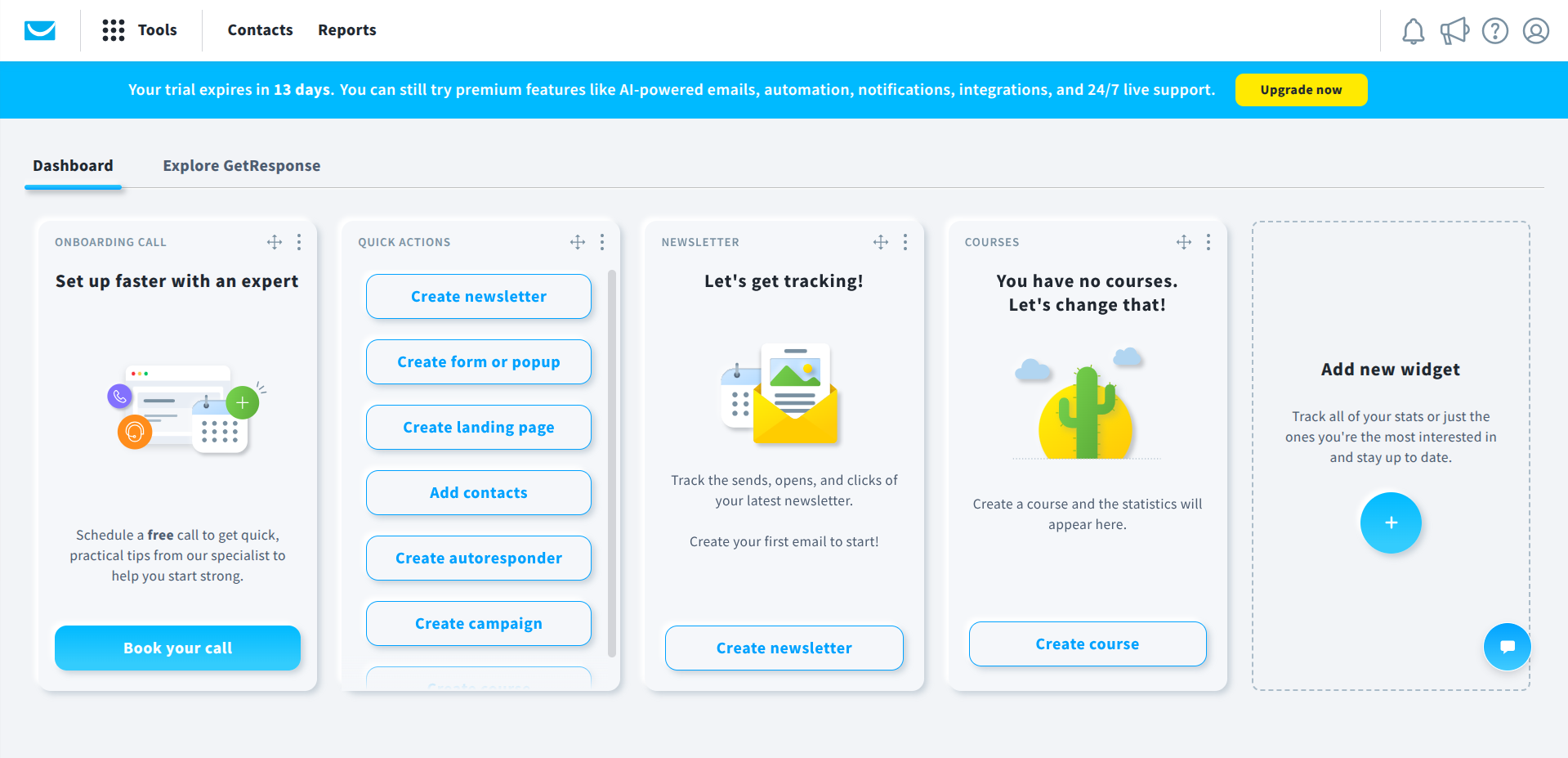 GetResponse dashboard homepage showing the main overview with Quick Actions and Newsletter widgets