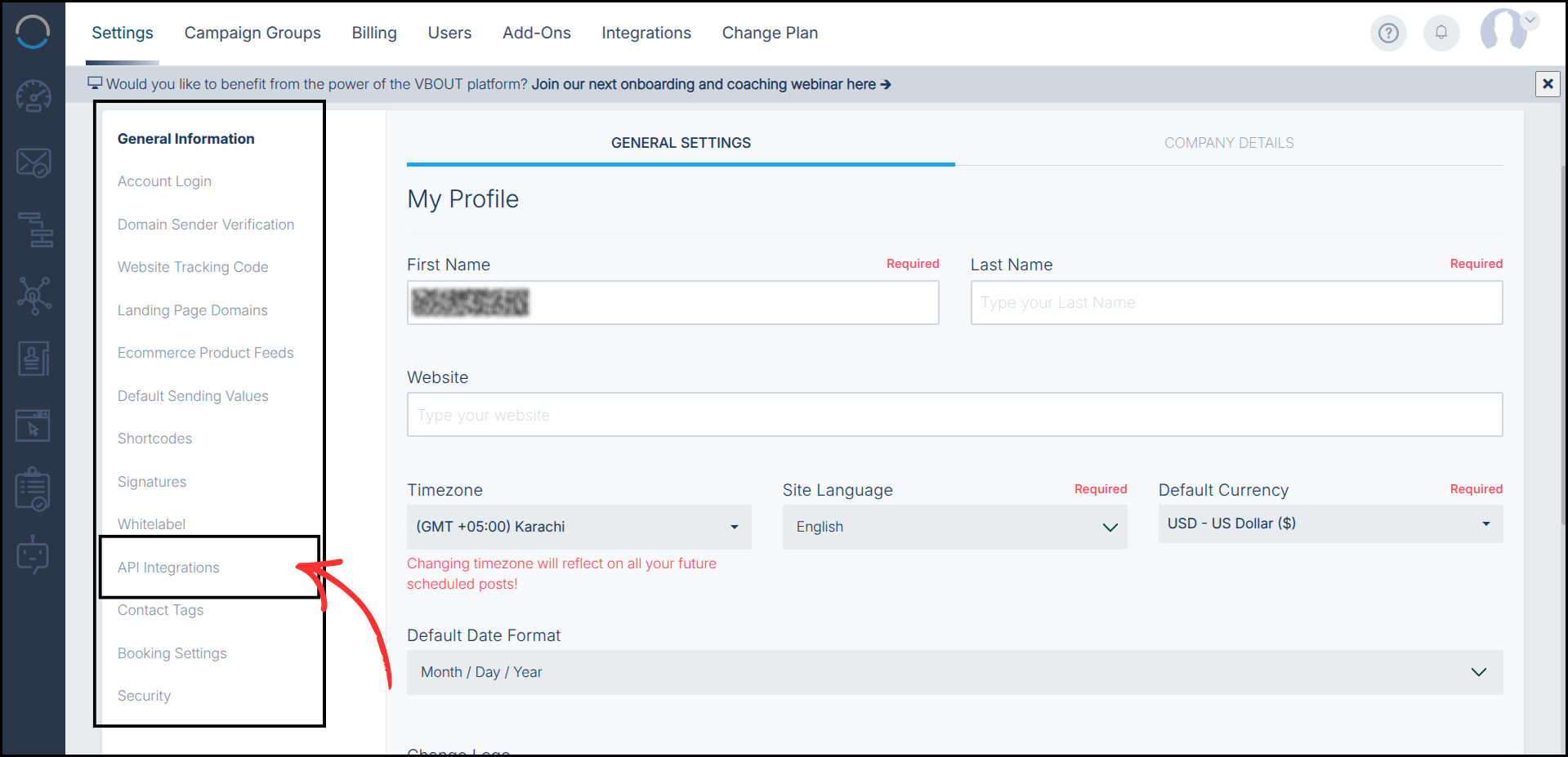 VBOUT integration step screenshot