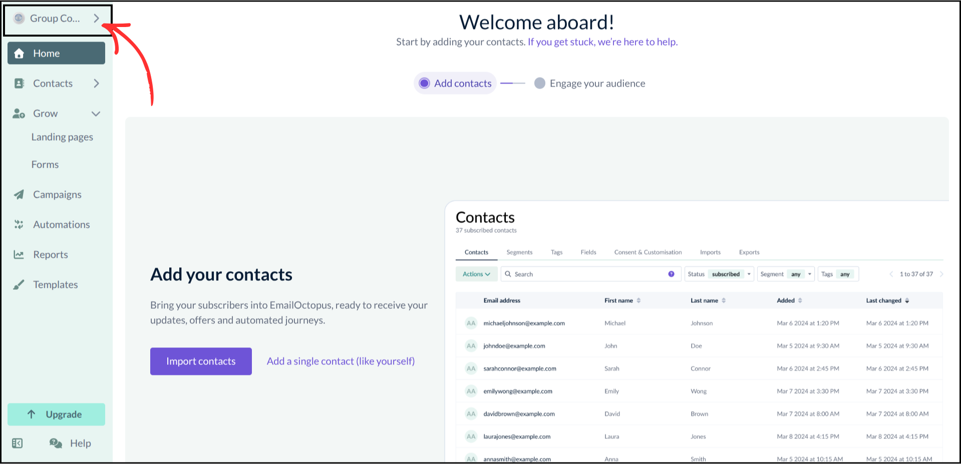 EmailOctopus dashboard with profile name highlighted in top-left corner.