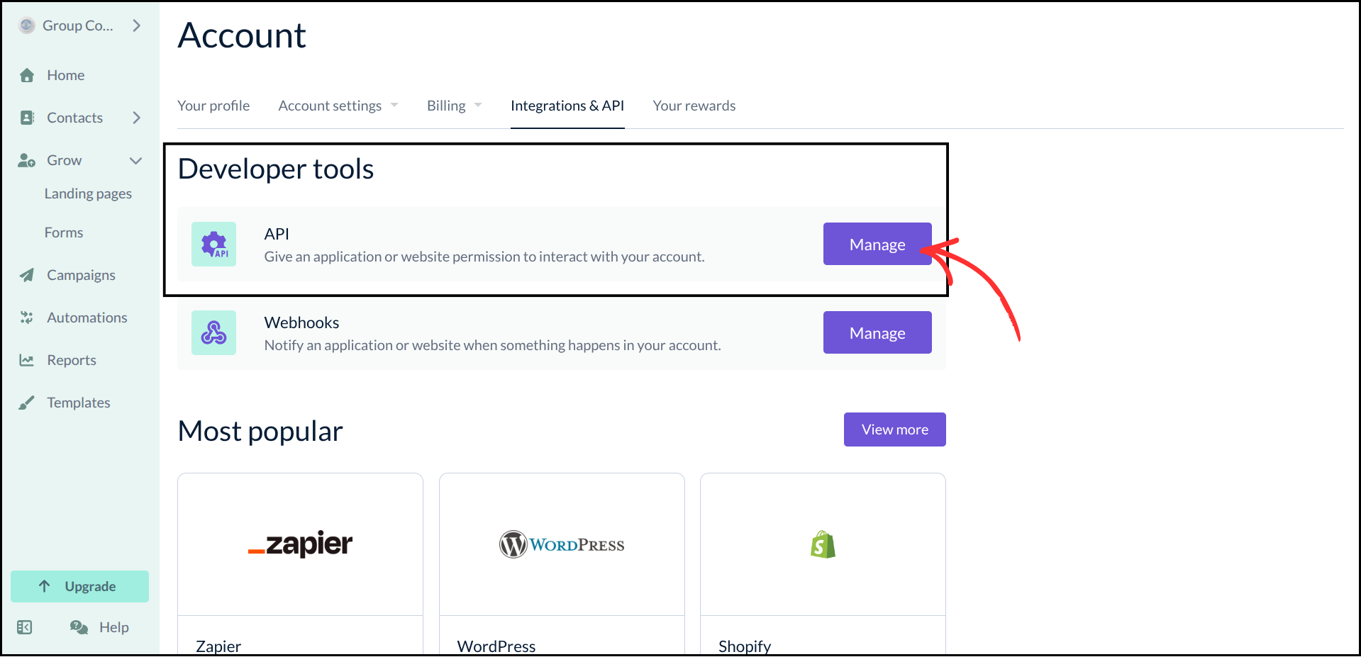 EmailOctopus Integrations and API page showing Developer tools section with API Manage button highlighted