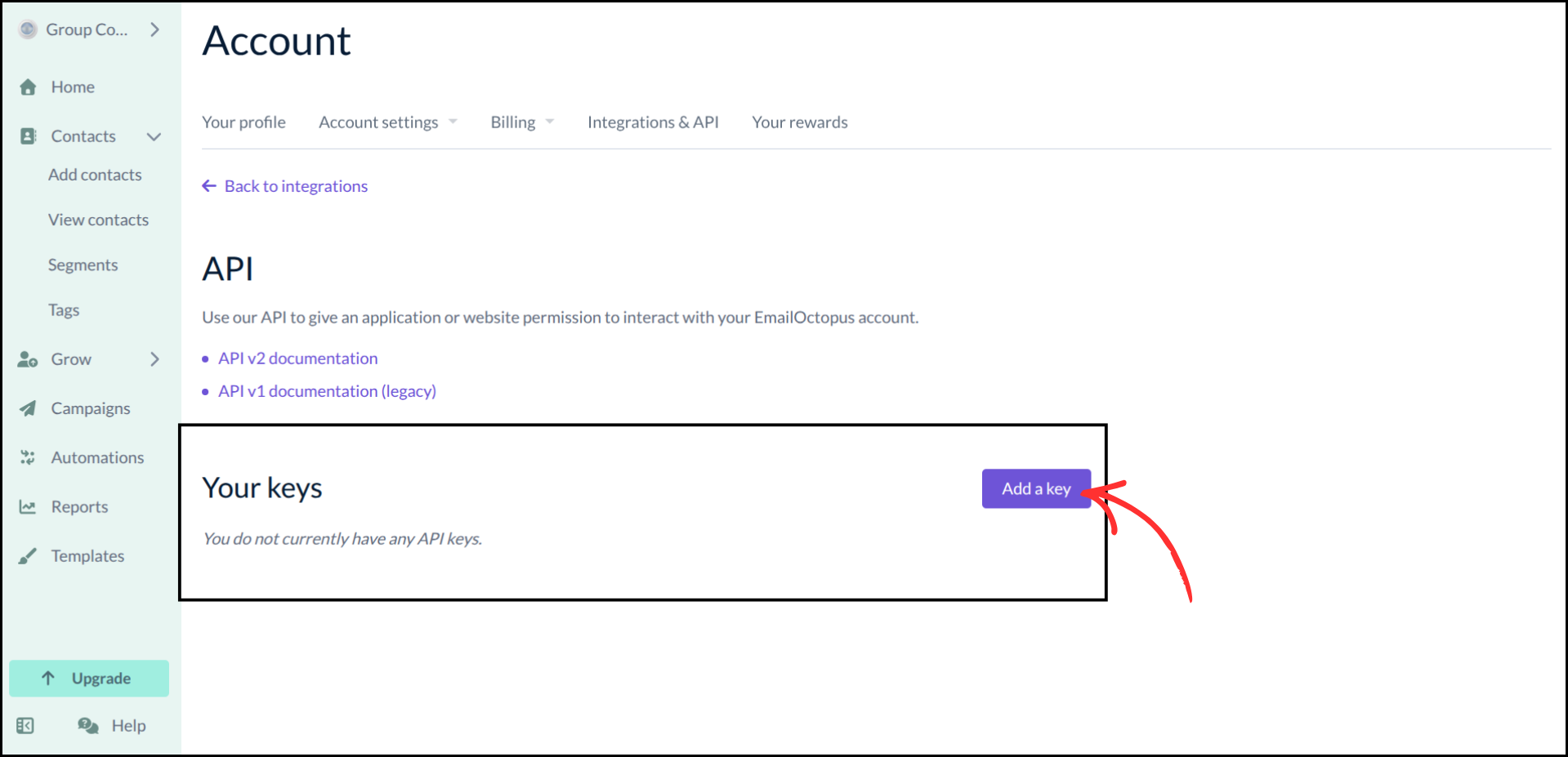 EmailOctopus API page showing Your keys section with Add a key button highlighted