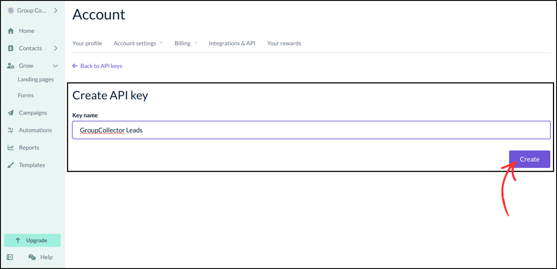 EmailOctopus Create API key form showing Key name field with GroupCollector Leads entered and Create button highlighted