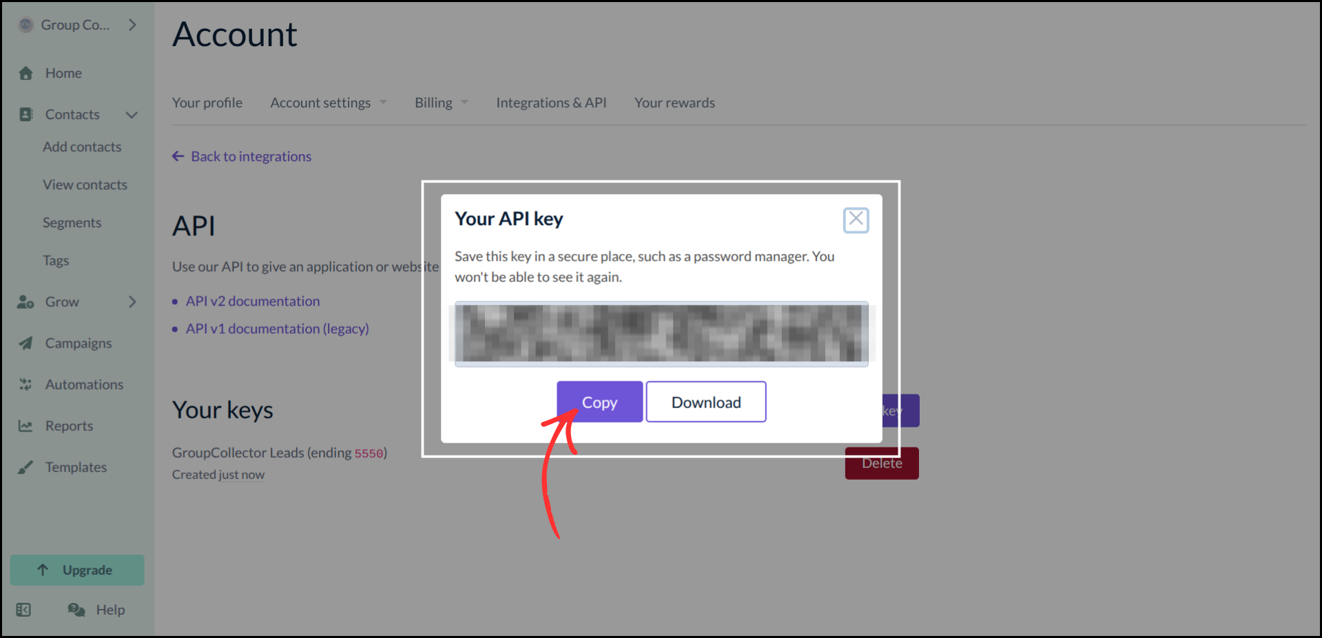 EmailOctopus Your API key dialog showing blurred API key with Copy button highlighted
