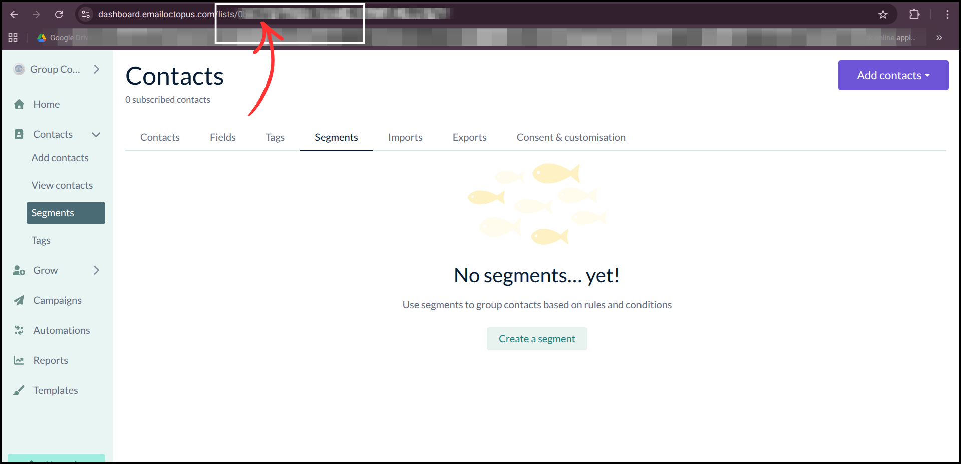 EmailOctopus list page showing Contacts tab with List ID highlighted in browser URL bar